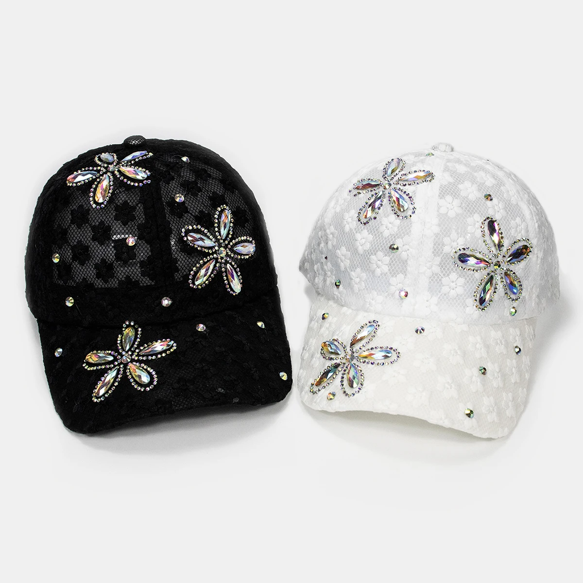 Damen-Baseballmütze, Strass-Blume, atmungsaktiv, aushöhlen, Sommer-Sonnenhut, besticktes Blumenmuster