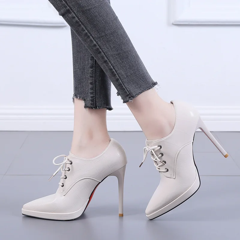 Korean Style Women Boots PU 10CM Thin High Heels Pointed Toe Lace-up Street Style British Style Cross-tied Party Womens Shoes