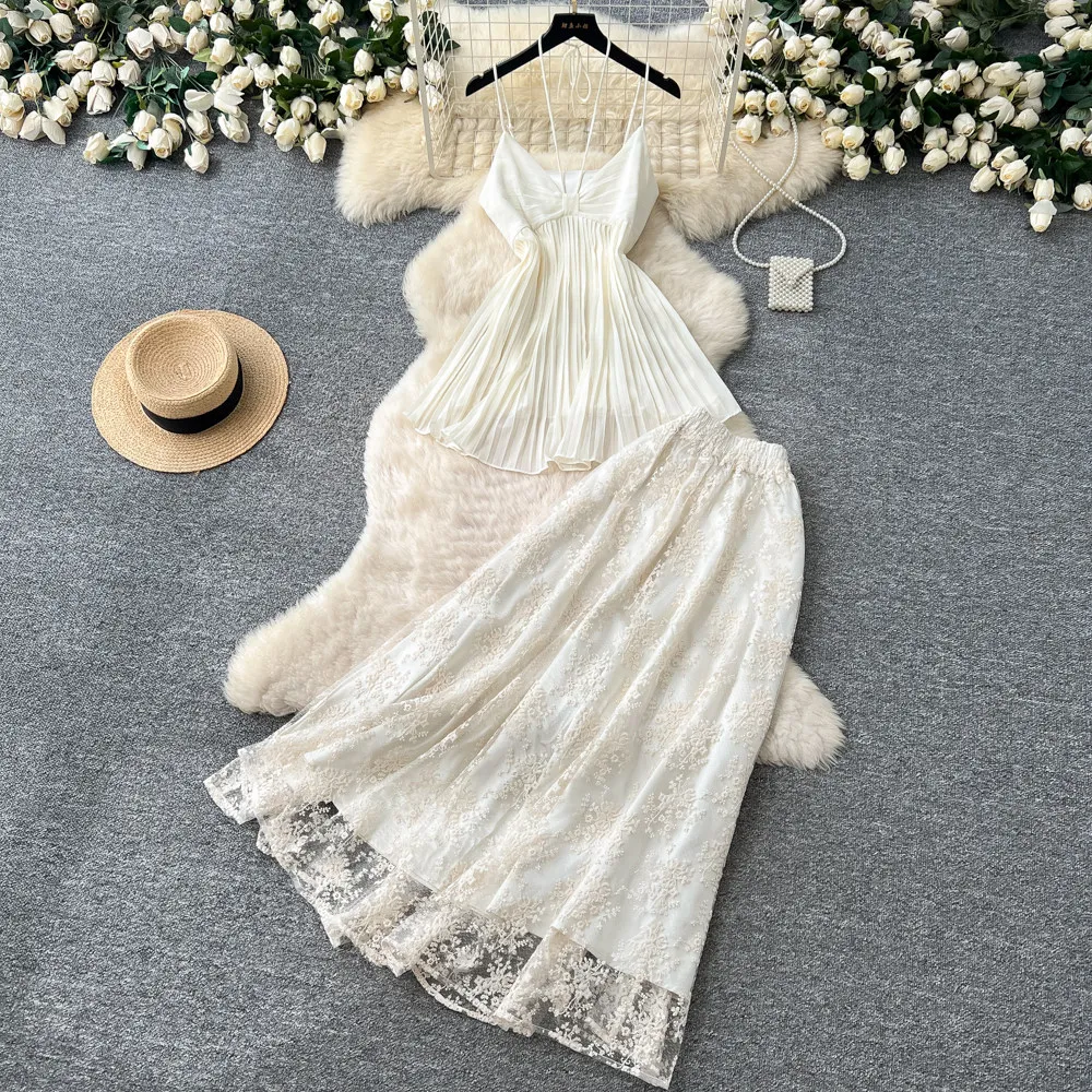 

Women Two Piece Sets Skirt Set Sleeveless Lace Sexy Short Tops Long Skirts A Line High Waist Y2k Streetwear Elegant Work 2026