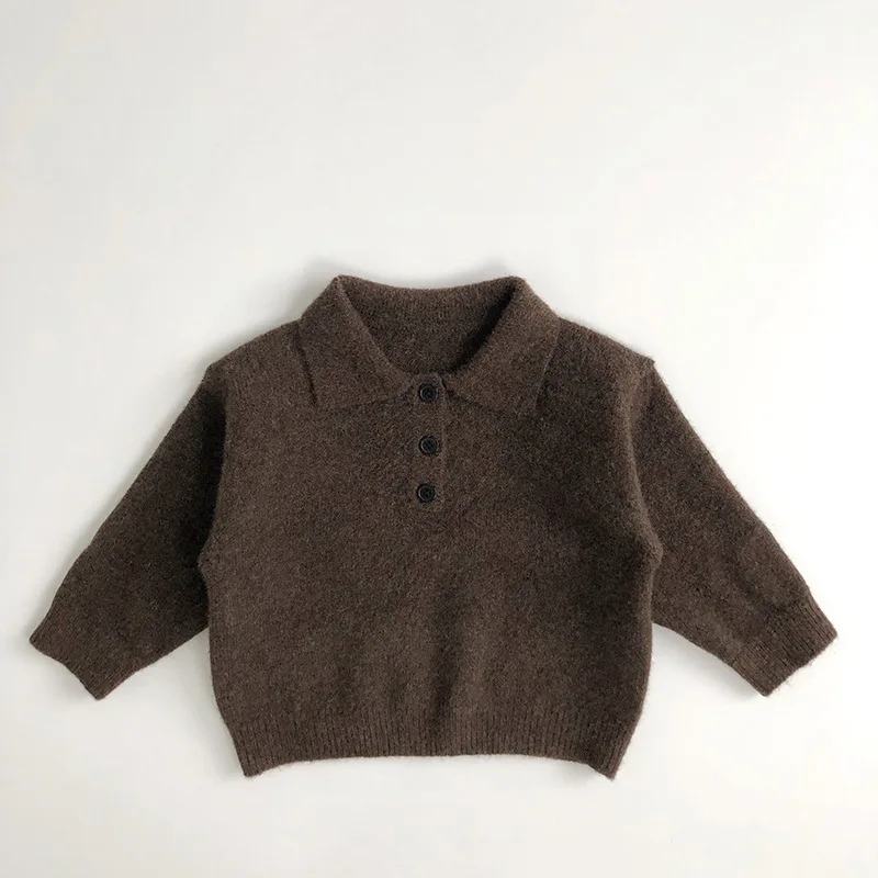 2024 Autumn New Children Long Sleeve Knit Sweater Solid Boys Girls Vintage Lapel Sweater Baby Polo Shirts Cotton Kids Clothes