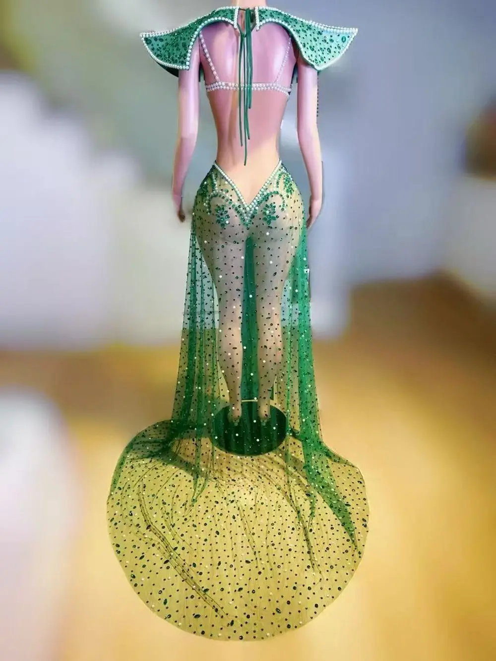 Sexy Mesh See Through Rhinestones Bodysuit Cloak Photography Leotard Women Singer Dancer Performance Dance Costume Stage Wear