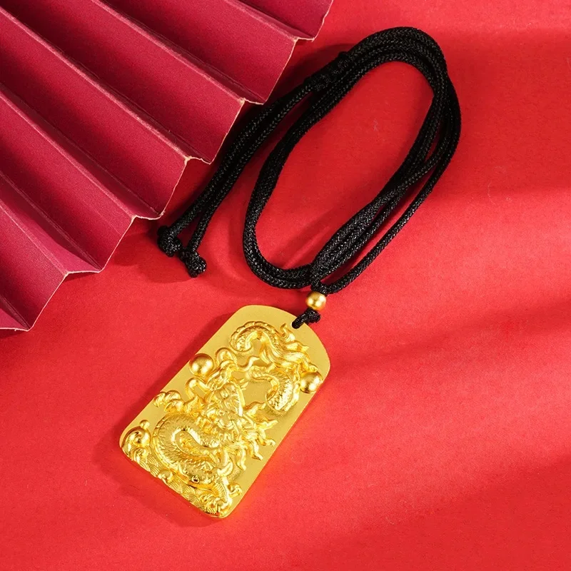 Luxury 24K 9999 Pure Gold real gold Men's Panlong Square Pendant Necklace Fu Pendant