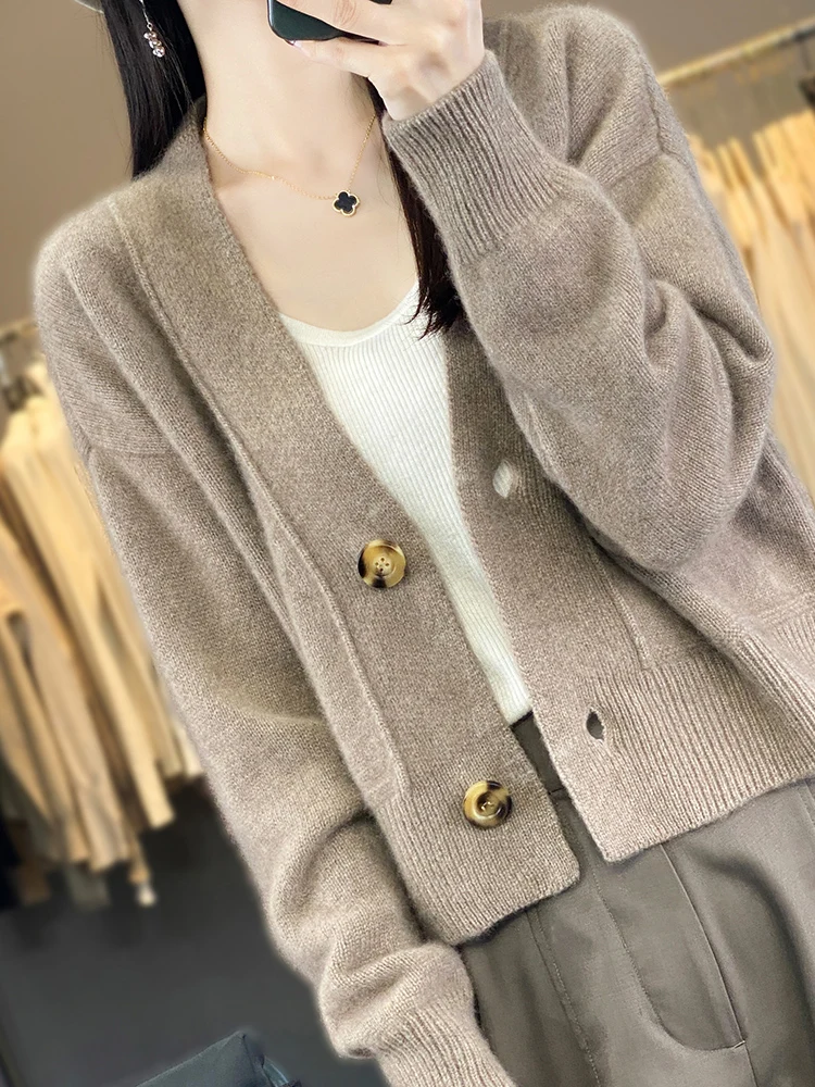 Women New 100% Merino Wool Sweater Coat Short Style V-Neck Cardigan Autumn Winter Solid Color Basic Knitted Jacket Korean Tops - Image 2