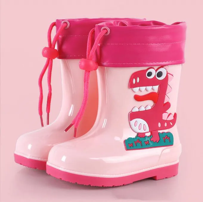 Rain Boots Kids Girl Cute 3D Rainboots Dinosaur Children\'s Boys Boots Plush Warm Ankle PVC Waterproof Toddler Water Shoes