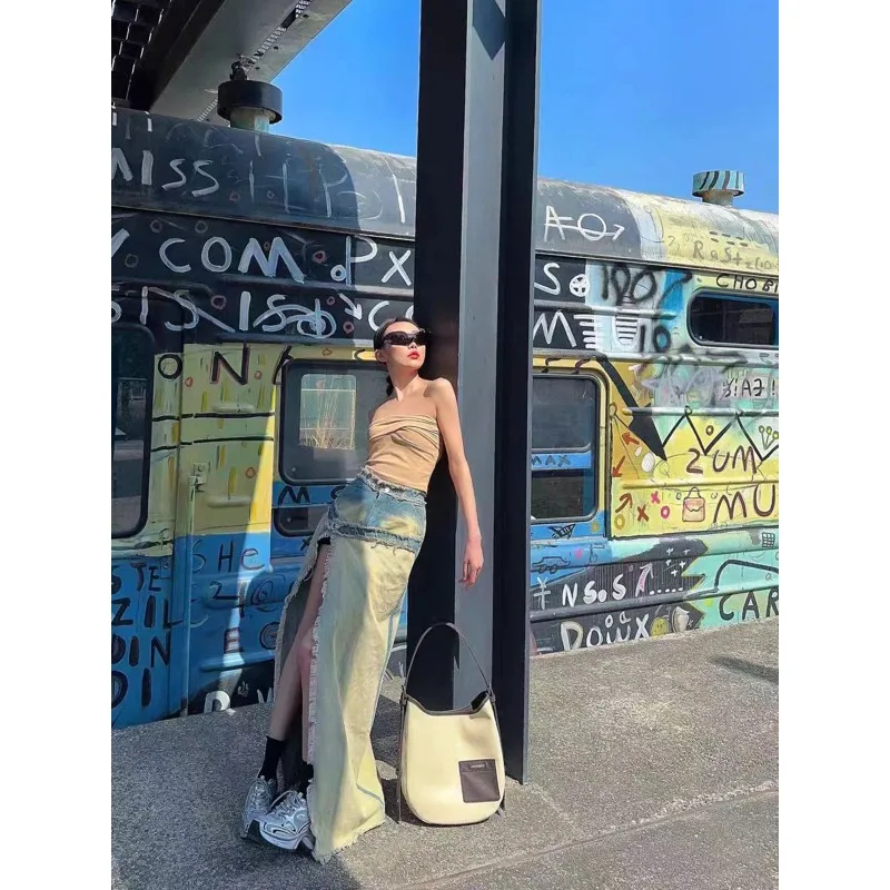 Women's Scrap Style Design Washed Vintage Long Skirt Raw Edge Gradient Denim Split Fake Two Pieces Half Skirt Spring Summer New