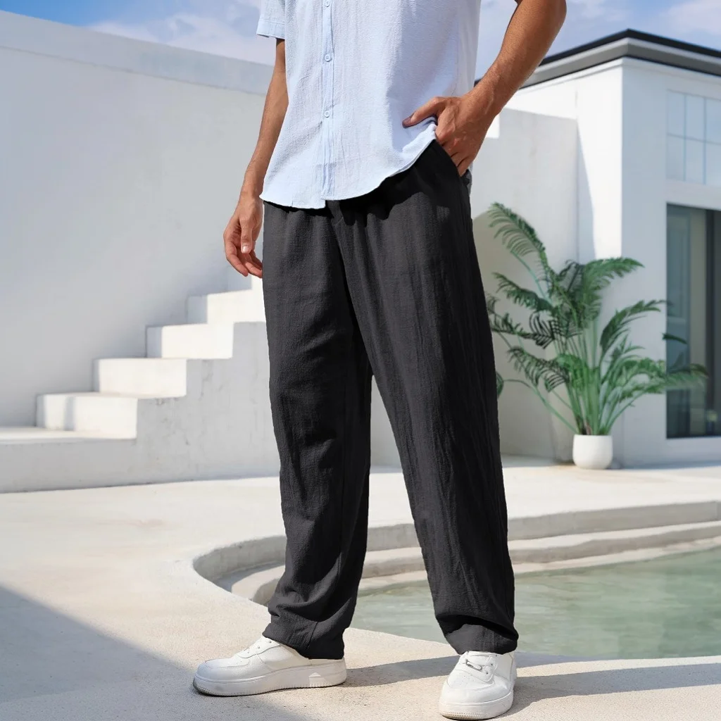 Baumwoll-Leinen-Hose für Herren, gerades Bein, leichte, atmungsaktive Strand-Stil-Hose, einfarbig, lässig, gemütlich, männliche Jogginghose – Detail 9