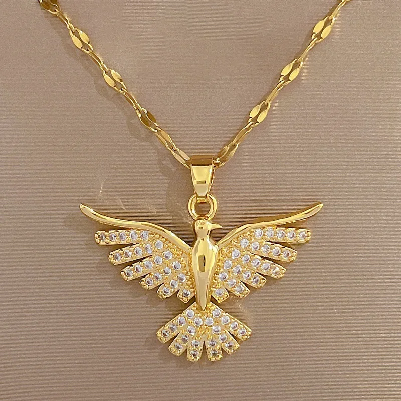 Charm Gold Color Stainless Steel Zircon Phoenix Wings Pendant Necklace for Women Fashion Shiny Choker Jewelry Accessories Gift