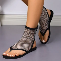 2025 Summer Women Pinch Toe Flock Flat Bottom Sandals Sexy Mesh Hollow Short Sock Boots Water Diamond Fashion Banquet Flat Shoes