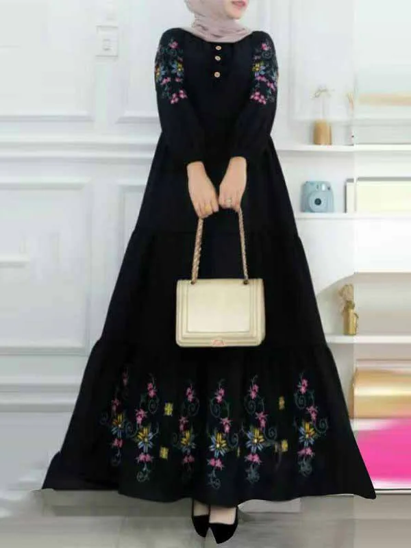 Vestidos muçulmanos da moda, bordados pesados, multicamadas, plissados, elegantes e elegantes, manga comprida, vestido maxi árabe