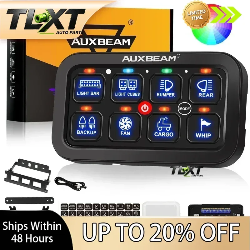 TLXT Auxbeam RGB 8 Gangs Switch Panel Toggle/ Momentary/ Pulsed Mode Supported for SUV UTV Caravan (Two-Sided Outlet) RB80
