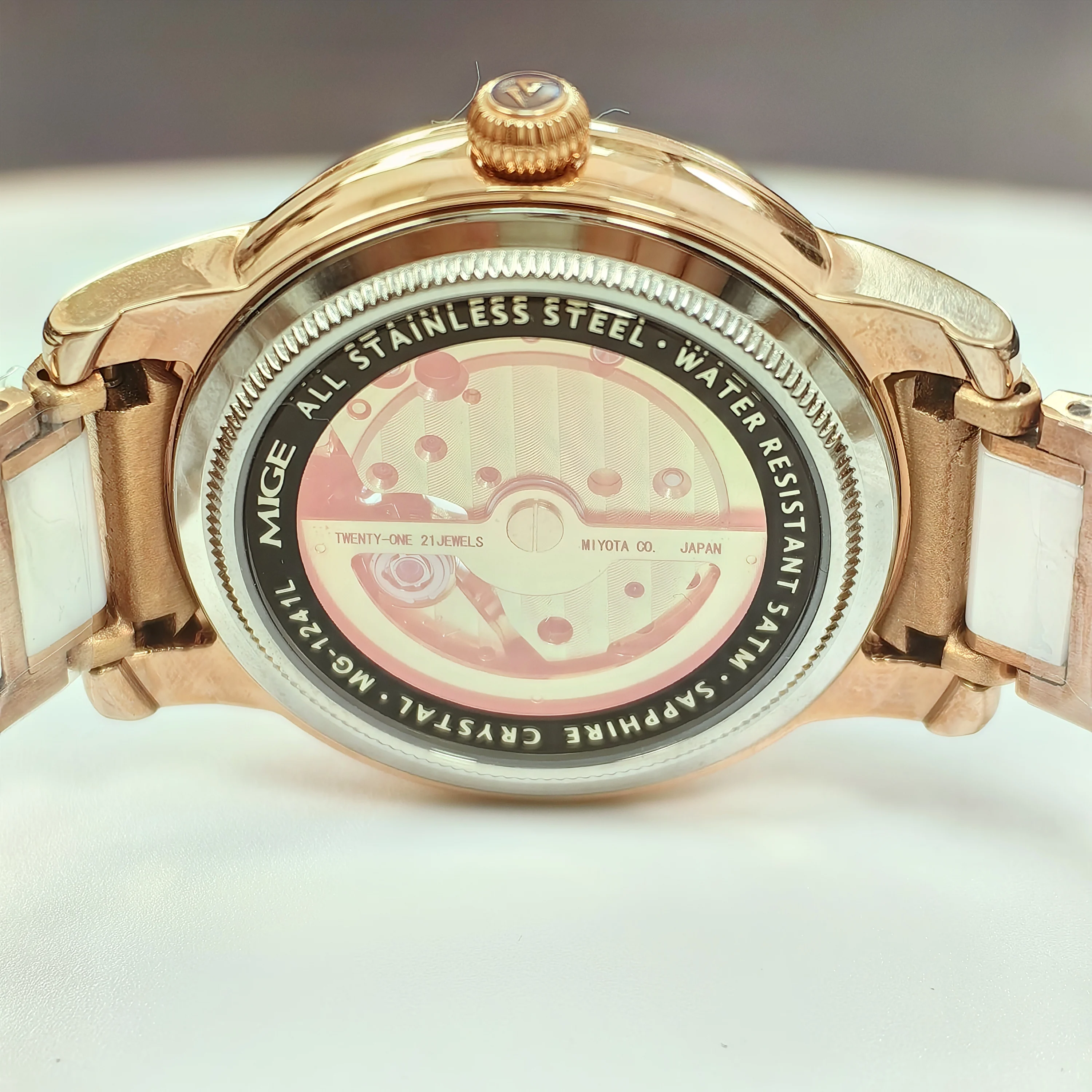 MIGE Ladies Skeleton Mechanical Watch Rose Gold White Ceramic Band Mother Of Pearl Dial Crystal Inlay Romantic Female WristWatch