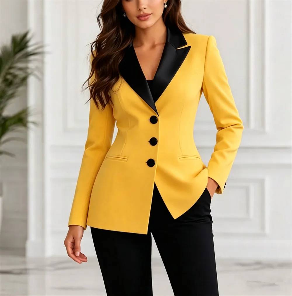 Luxury White Tuxedo Women's Suits 2 Pcs Black Satin Lapel Suit Elegant Formal Office Wear Wedding Guest Outfit Power Set