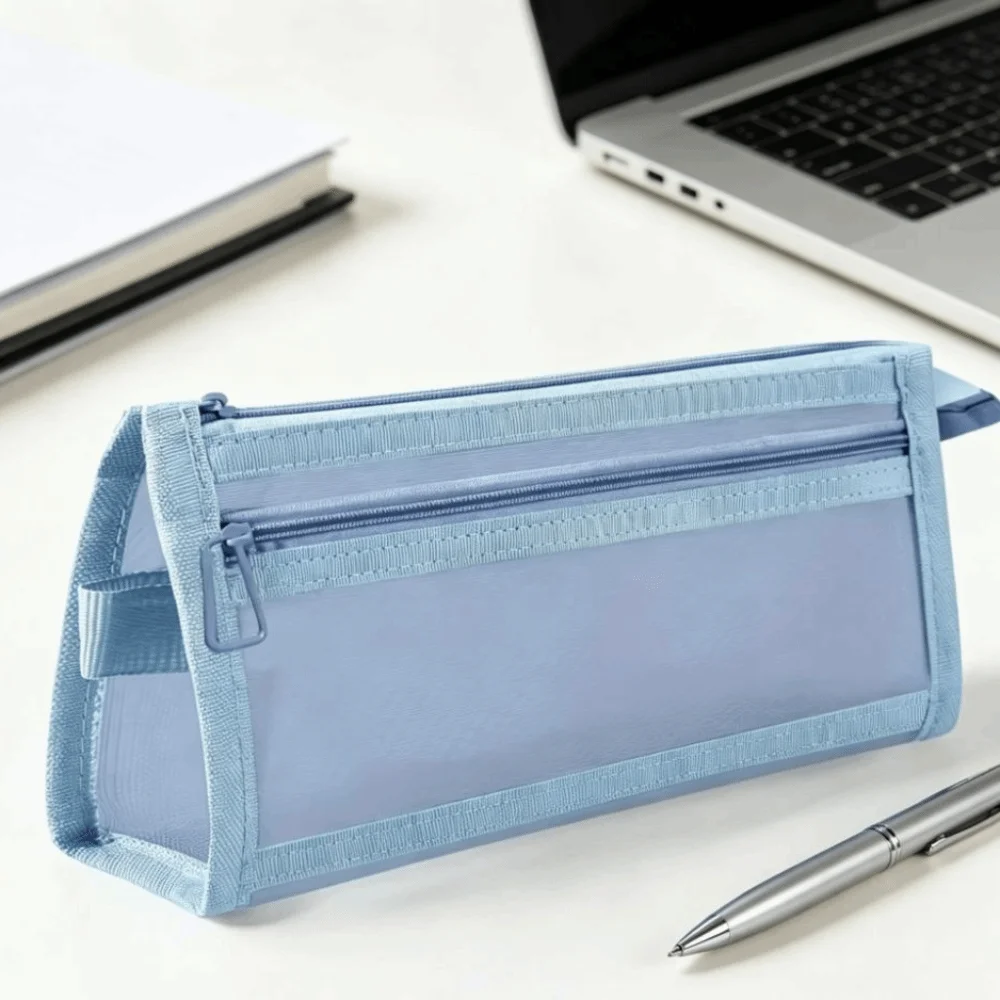 Transparent Mesh Pencil Case Large Capacity Double Layer Pencil Pouch With Handle With Zipper Stationery Bag Exam Specific