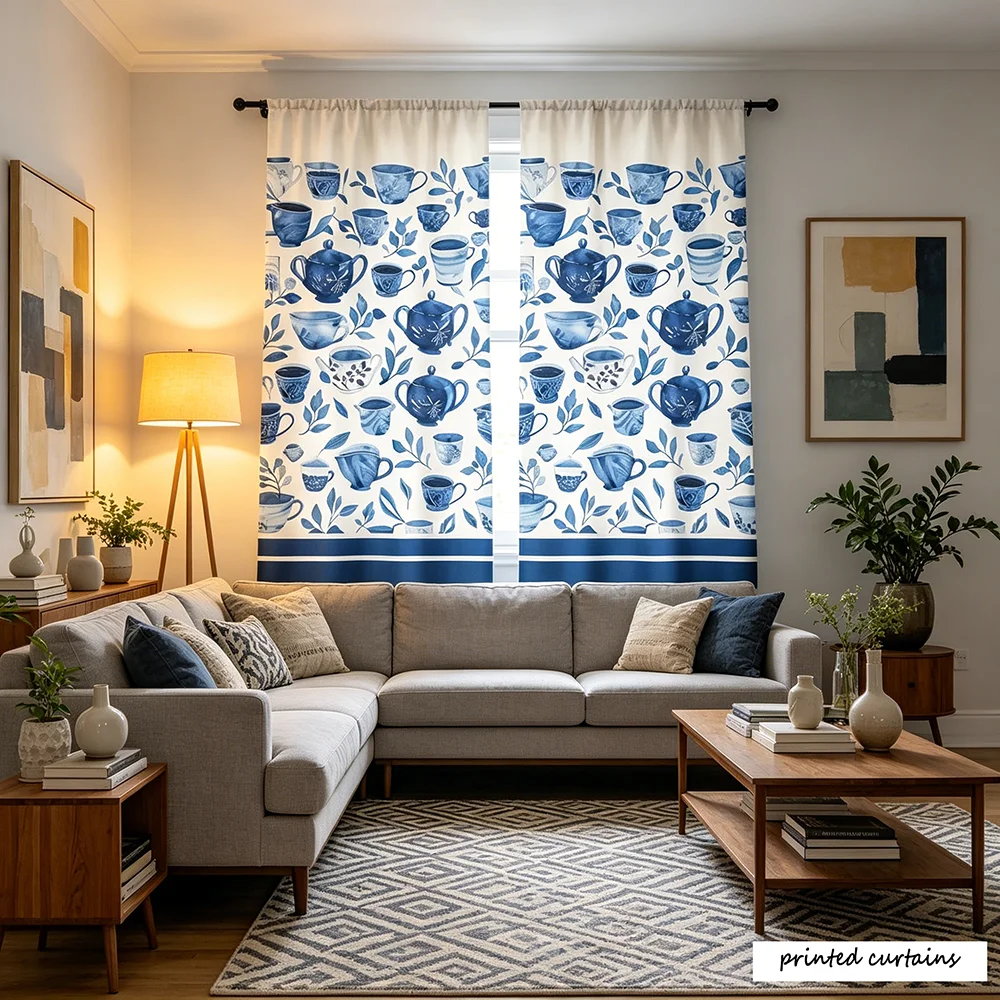 2PCS Watercolor Blue Porcelain Teapot Cup Print Kitchen Curtains, Applicable to floral curtains, window curtains, print curtains