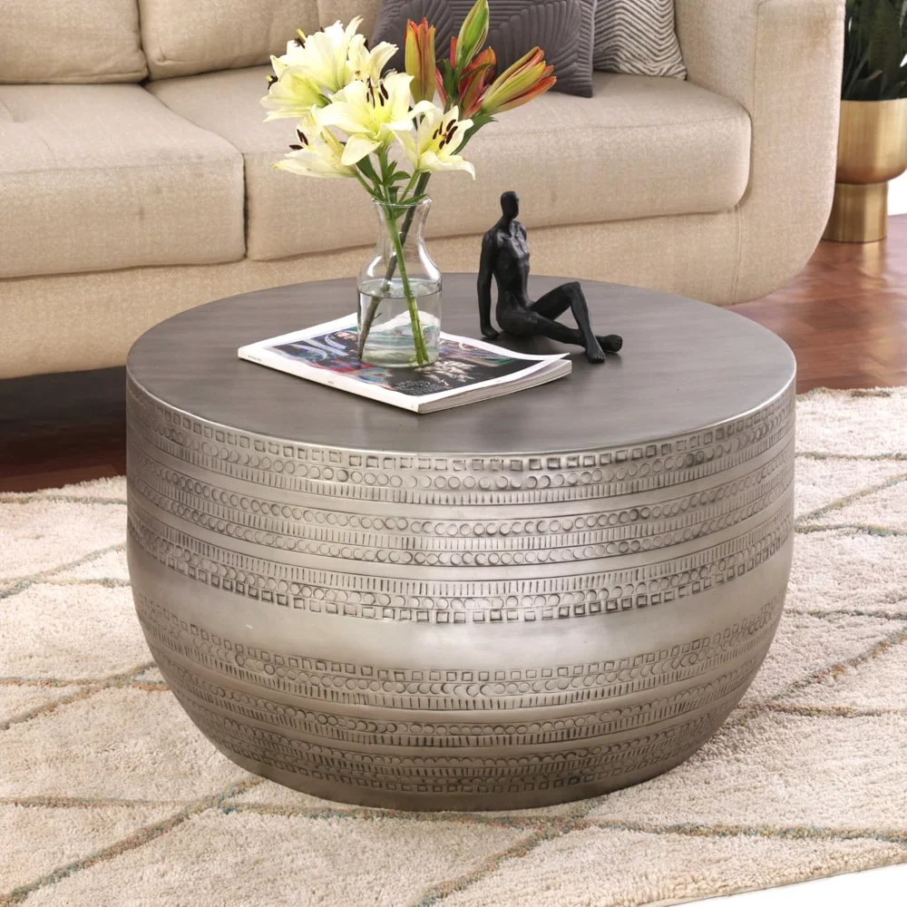

Coffee Table - Hammered Embossed Aluminum & Hand-Stamped Iron, Boho Accent Cylinder Cocktail Table for Living Room/Bedroom