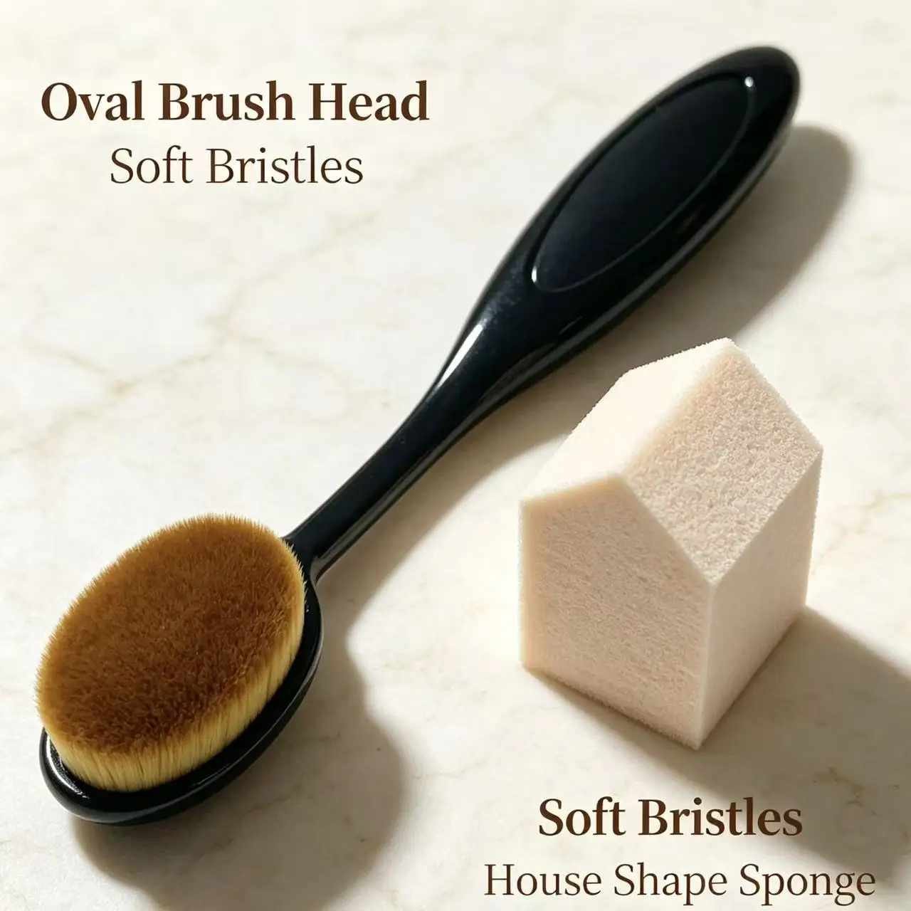 2 pieces include an oval-shaped honey powder brush and a small house-shaped sponge powder puff.