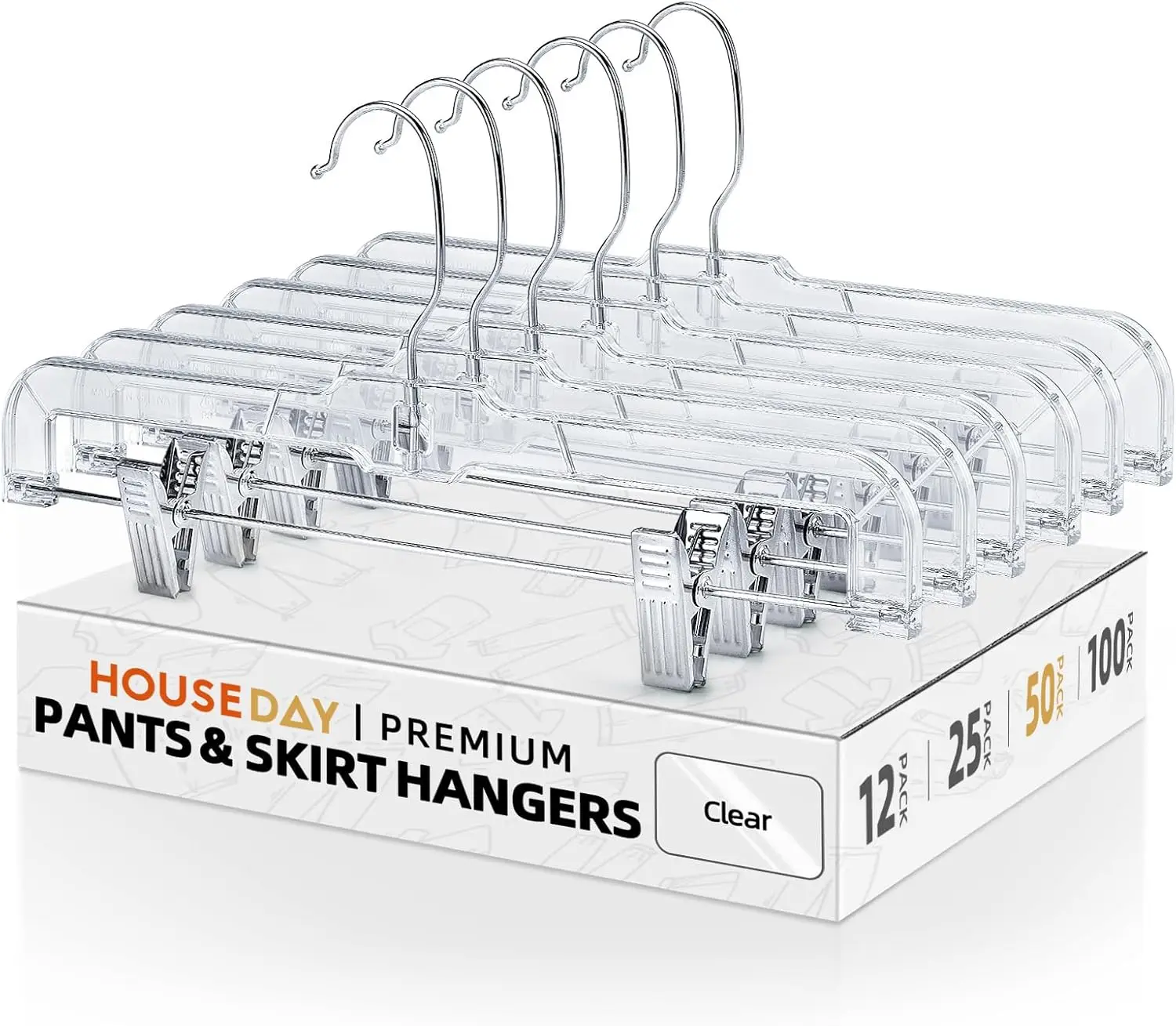 Paquete de 50 Perchas de Plástico Transparente con Clip para Pantalones, Faldas, Shorts - Versátiles y Duraderas