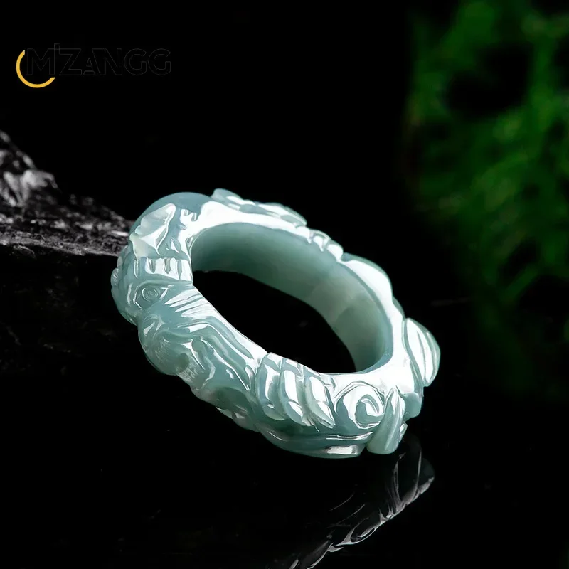 High-grade Natural Myanmar Jadeite Blue Water Dragon Ring Three-dimensional Carving Men's Icy Jade Finger Ring Fine Jewelry