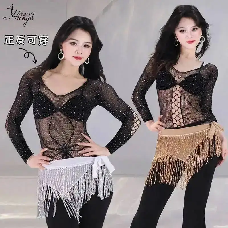 New Sexy Rhinestone 2026 Mesh Hollow Out Top High Elasticity One-Piece Tight-Fitting Long Sleeve Top