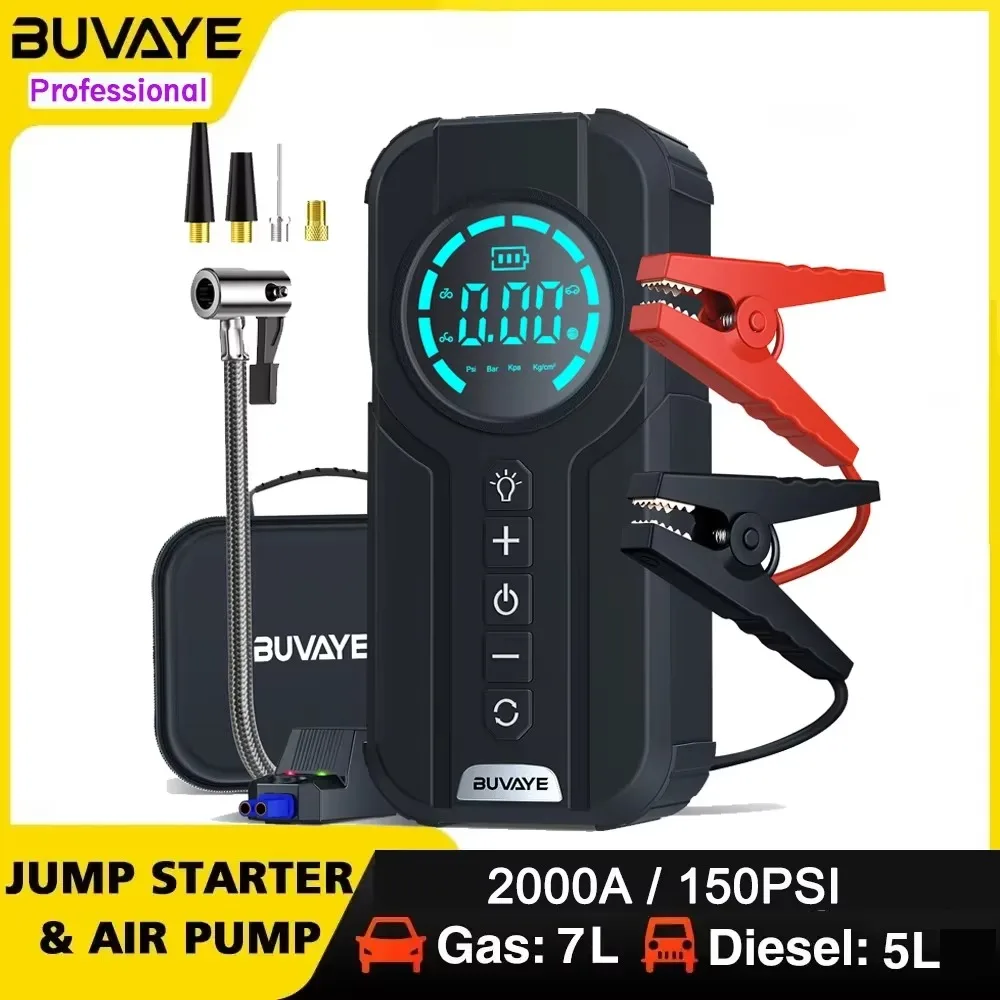 BUVAYE Car Jump Starter Tire Inflator Convenient Portable Battery Starter Air Pump Multi-function Air Compressor with EVA Bag