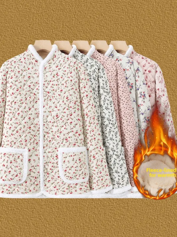 سترة قطنية سميكة دافئة بنقشة زهور للأمهات والجدات، معطف خارجي جديد للخريف والشتاء بتصميم فني فضفاض