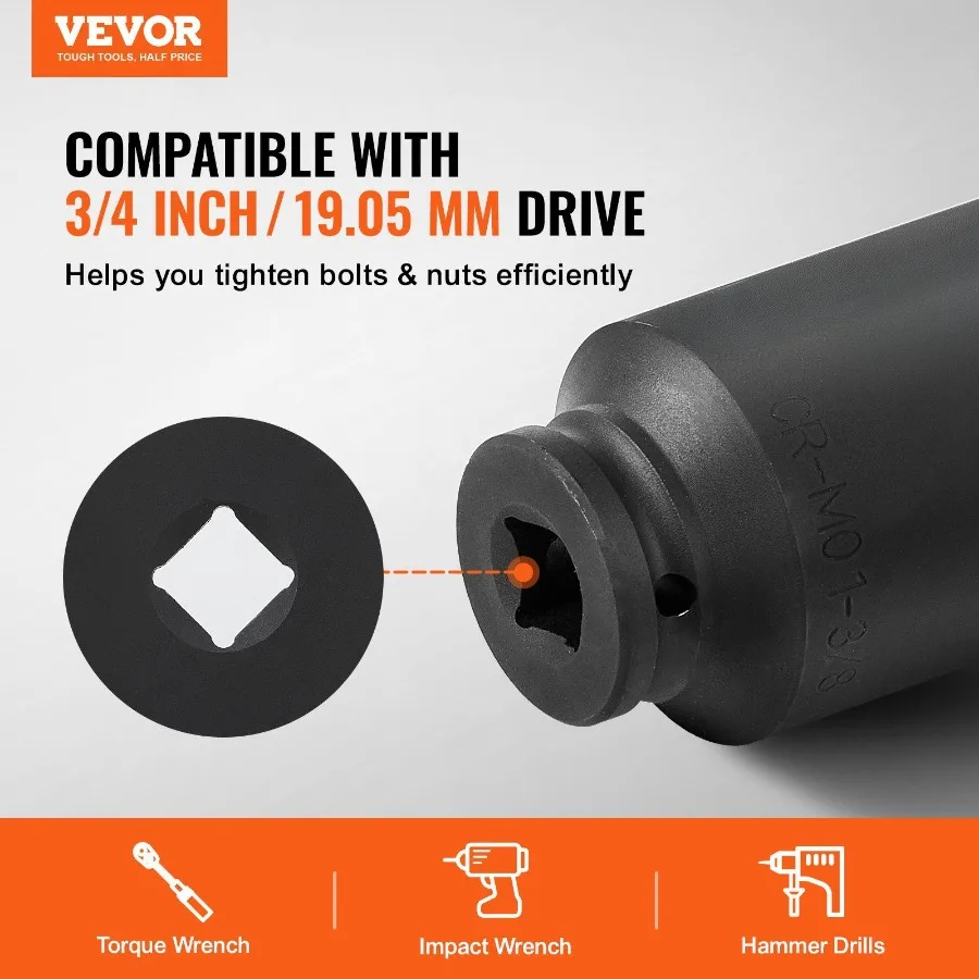 Axle Nut Impact Socket Set 3 4 Deep Drive 6Point 8PCS SAE Spindle Socket