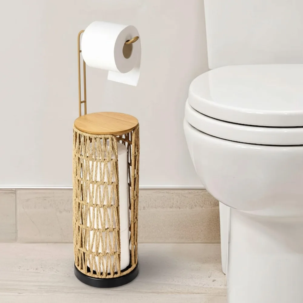 

Freestanding Toilet Paper Holder with Storage, 3-Roll Rattan Organizer for Small Bathroom Farmhouse Decor
