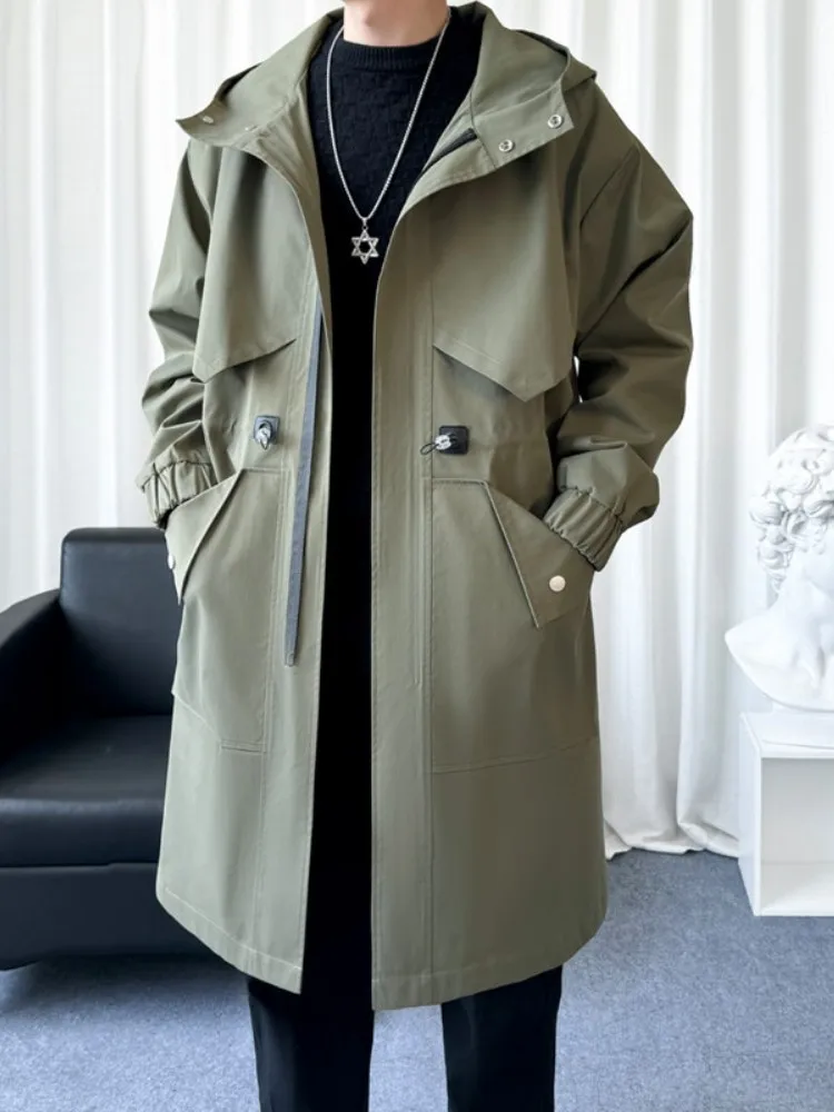 

Мужская демисезонная рабочая куртка средней длины в британском стиле, повседневное пальто, ветрозащитное, водонепроницаемое, утепленное, на молнии, с капюшоном