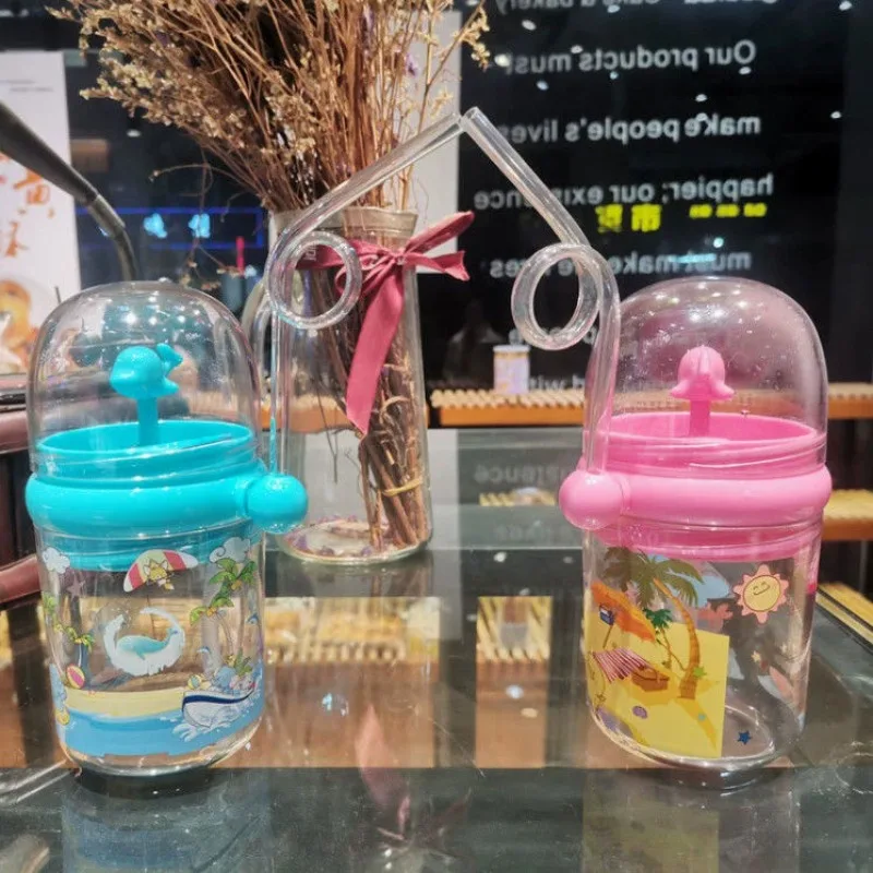 Whale Spray Straw Cup, Drop Resistant Children's Water Cup, Cute Plastic Cups for Students Cold Cup with Lid, Kids Water Bottle