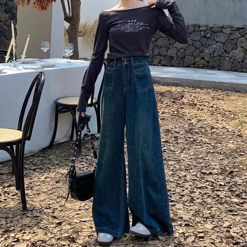 

Ранняя осень, широкие джинсовые брюки с высокой талией, женские свободные драпированные синие винтажные прямые брюки-трубы, утягивающие крестообразные брюки