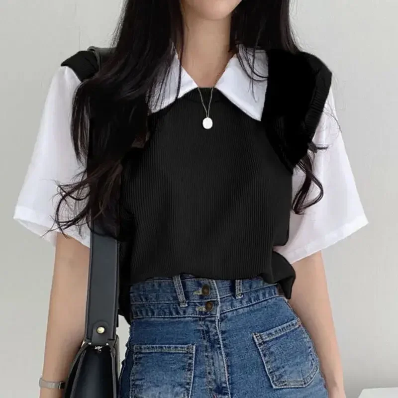 Preppy T-shirts Women Fake Two Piece Y2k Tops Simply Panelled Casual All-match 4-Colors Vintage Teens Summer Clothes Girlish Ins