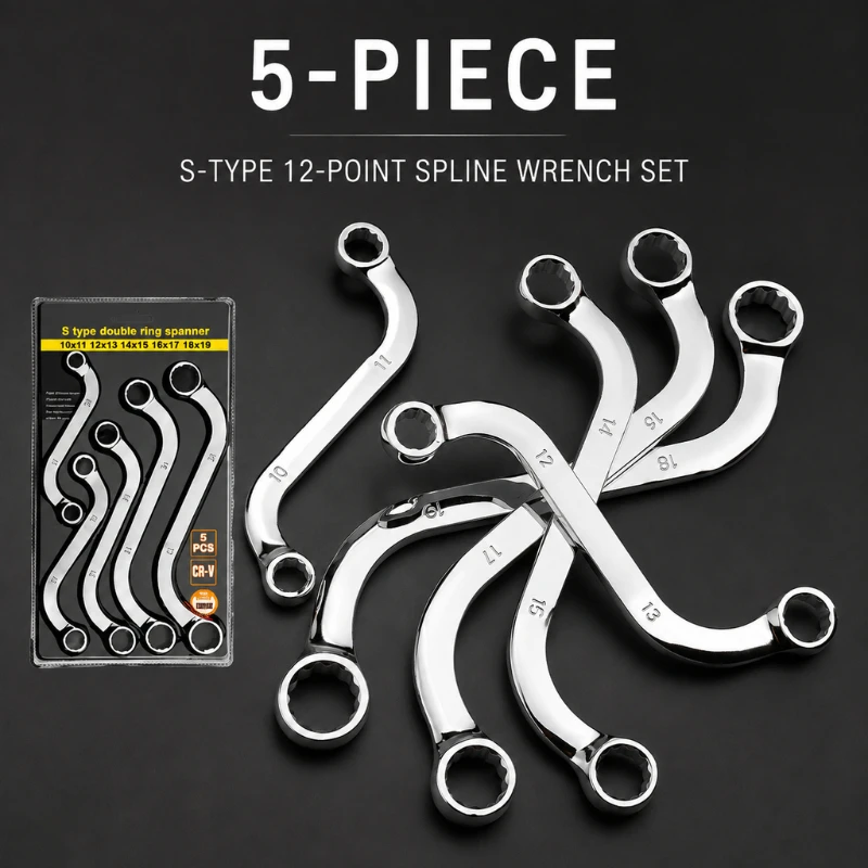 5PCS S‑Shape Double Ring Spanner Set, Curved Offset Box Wrench, S Type Bent Handle Socket Wrench for Auto Repair Hand Tools