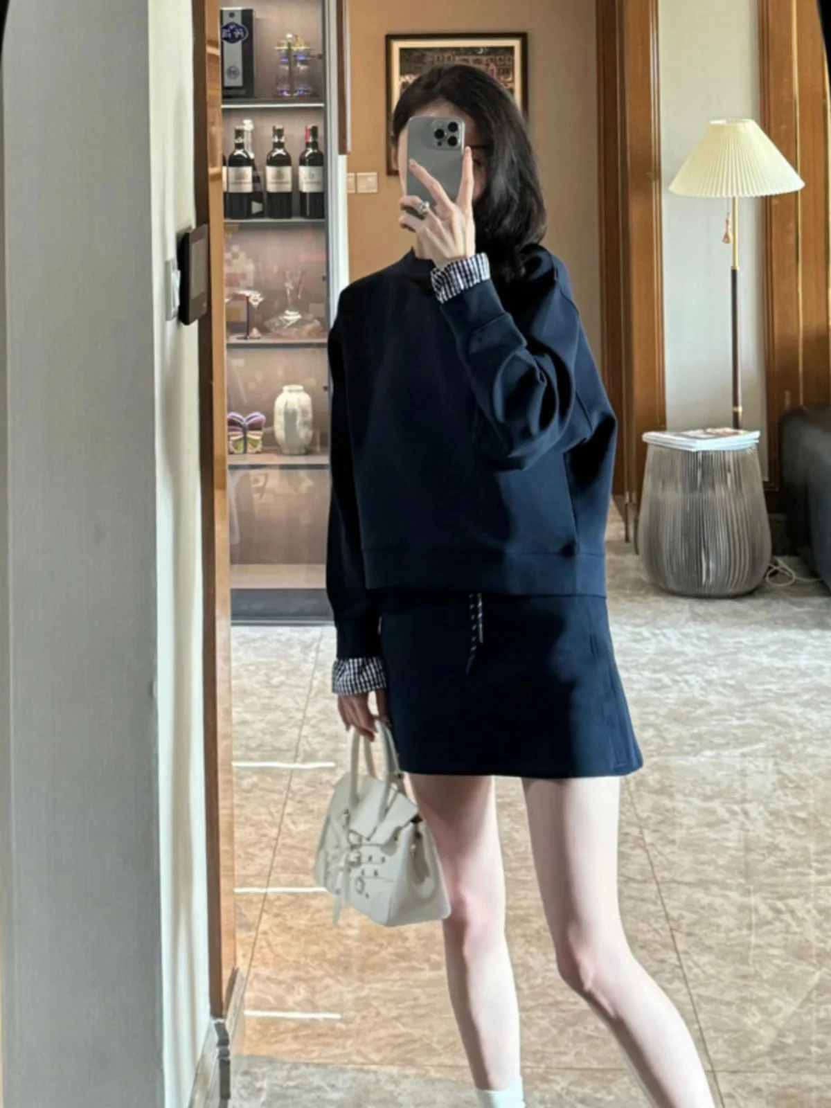 

Fashionable Sporty Top Coat Skirt Set Small Size Spring Clothing Long Sleeve round Neck Hoodie for Young Women Teens