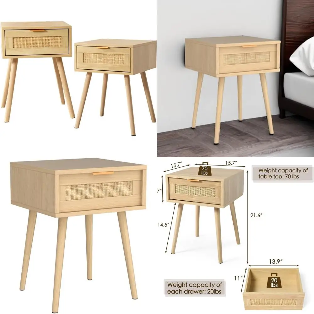 Wooden Nightstands with Rattan Weaving Drawers - Bedroom Storage Bedside End Tables for Home