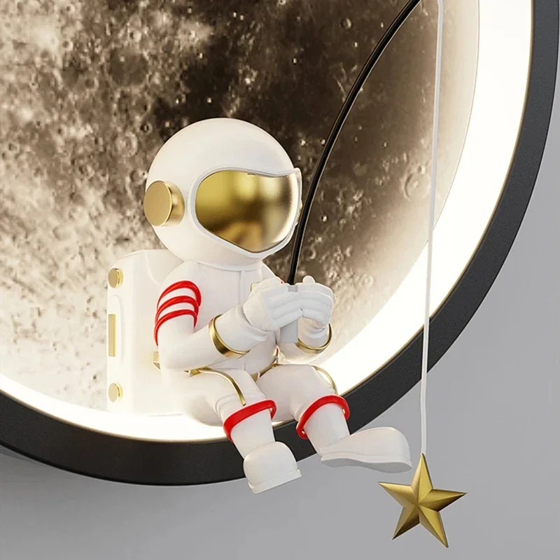 Cartoon Spaceman Astronaut Moon Round Led Wall Lamp  Kids Bedroom Sleeping Night Lights Boys And Girls Warm Background Sconces