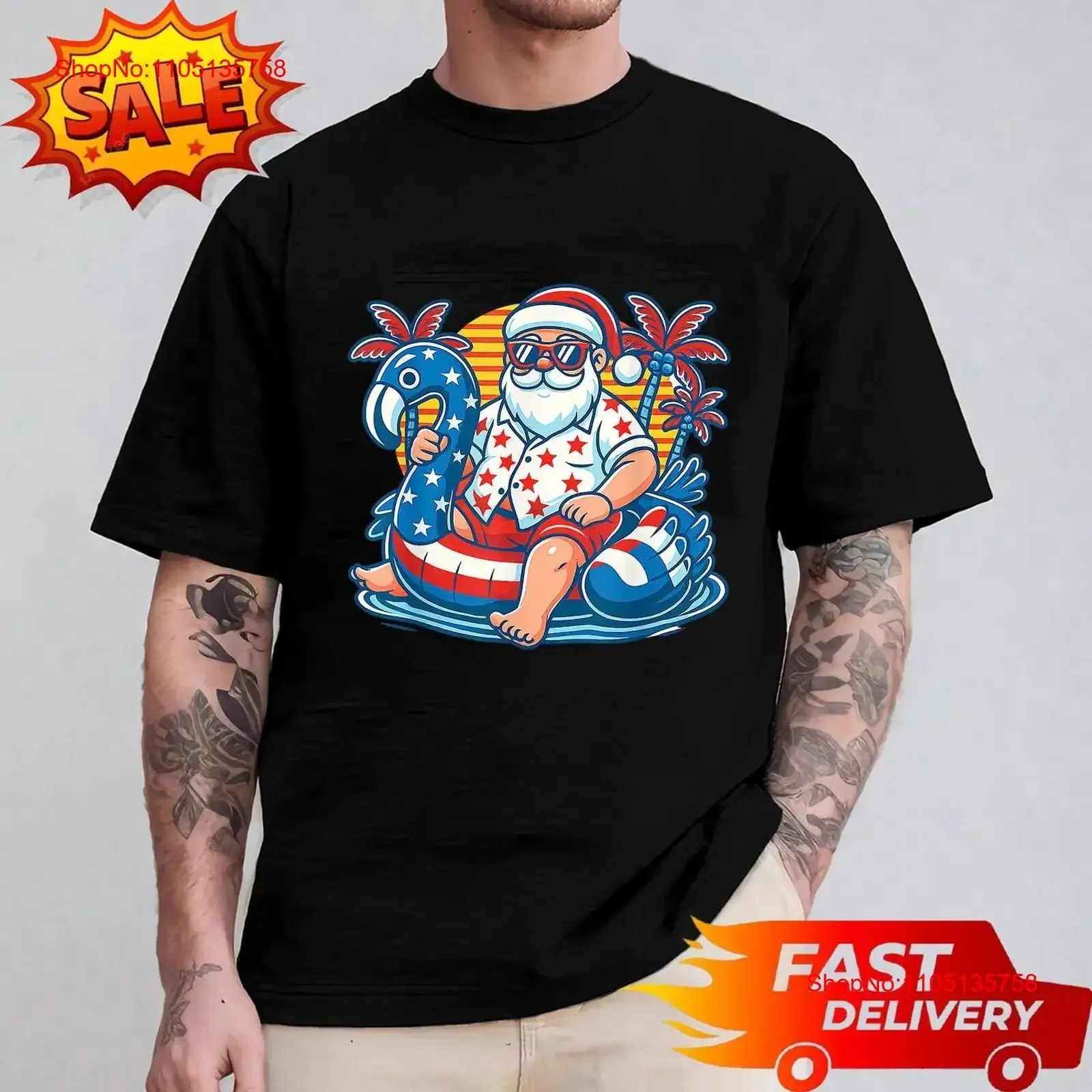 Navidad en 4 de julio Santa Flamingo piscina flotador verano camiseta vintage lavado Casual suave Unisex estirado moda