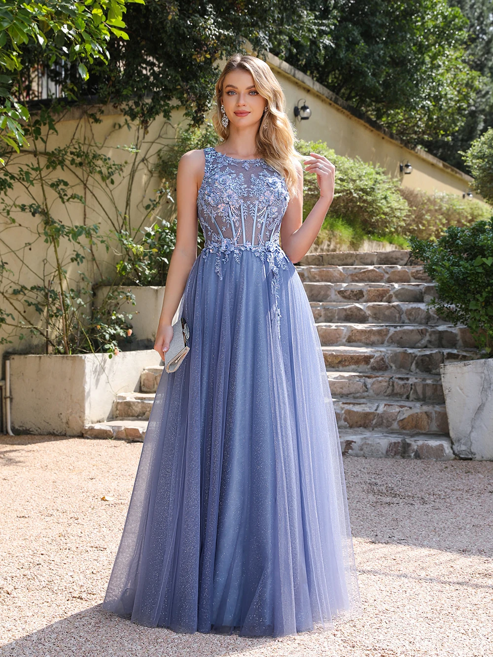 New Elegant Appliques Illusion Backless Dusty Blue Tulle A Line Evening Dress Embroidery Prom Gowns Formal Party Robe De Soiree