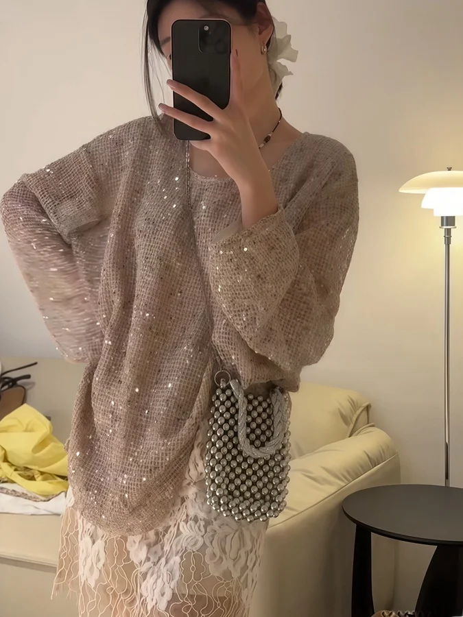 plus Size Knitted Long Sleeve Top Elegant Hollow out Sequin Loose Fit Women's Spring Fashion Retro Style Casual High Waist ...