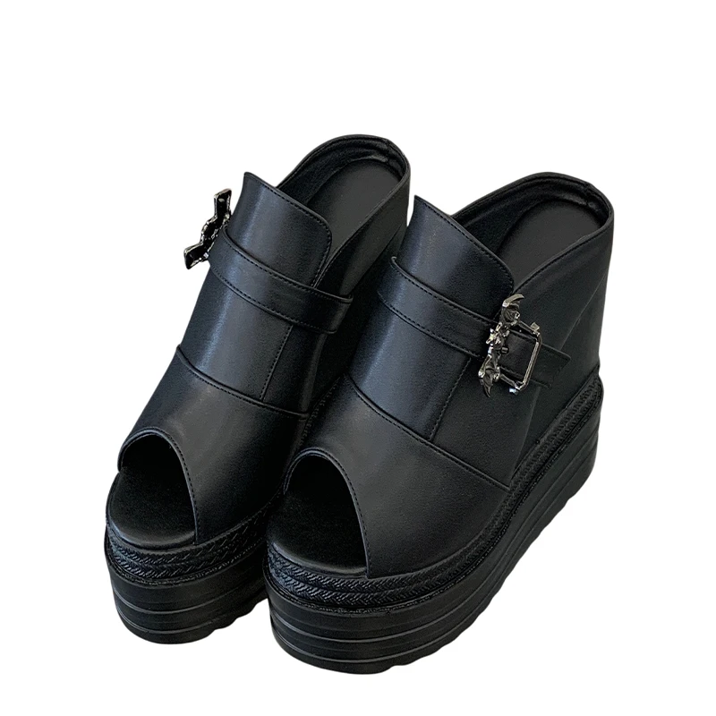 Black Wedge Sandals 12cm Chunky Heeled Slippers For Woman Size 34 Platform Shoes Summer High Heels For Ladies Slippers
