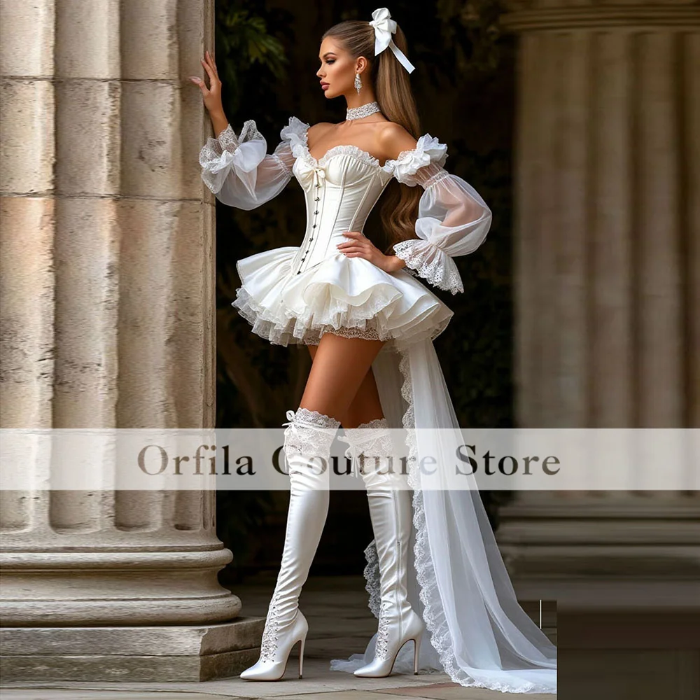 ชุดแต่งงานสั้นสไตล์ยุคกลางแบบสั่งตัด พร้อมชายกระโปรง  แบบเปิดไหล่  ผ้าลูกไม้สไตล์วิคตอเรียน  ชุดเจ้าสาวแบบเอลฟ์  หรูหรา