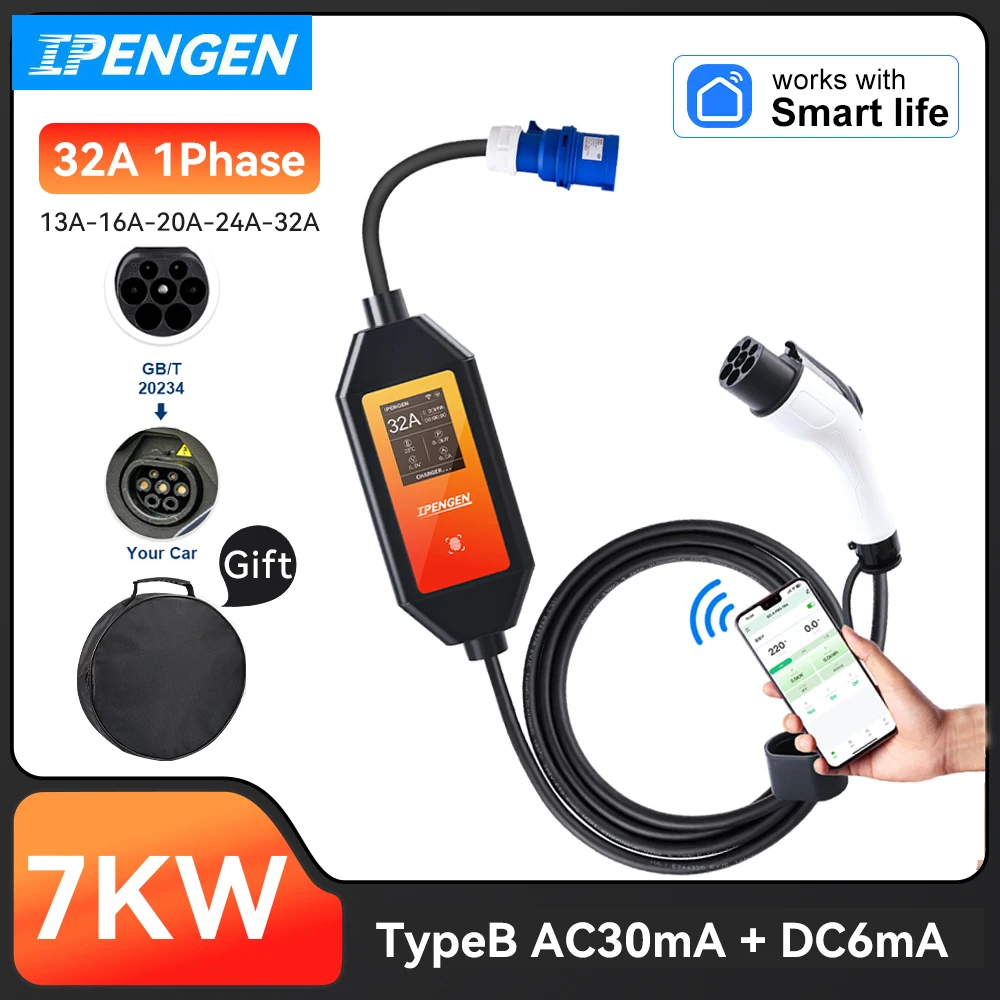 IPENGEN 7kW GBT 32A EV Charger Portable Electric Vehicle Charger Adjust Current and Set Delay Time 5M CEE Plug WiFi APP Control