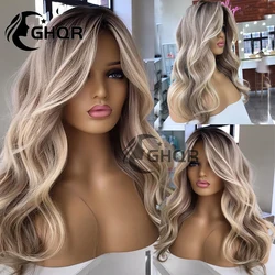 Ash Brown Loiro Cabelo Humano Lace Frontal Peruca, Laço Cheio, Onda Natural, PrePlucked Glule, Destaque, 360