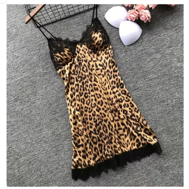 Summer lace leopard print sexy suspender skirt with chest pad suspender nightdress