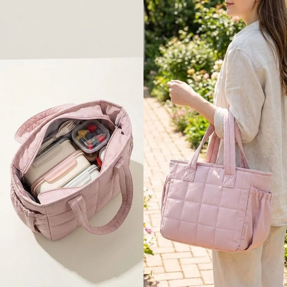 Solid Color Quilted Lunch Bag Thickened Portable Insulated Handbag Durable with Bottle Pocket Insulated Lunch Tote Office Worker