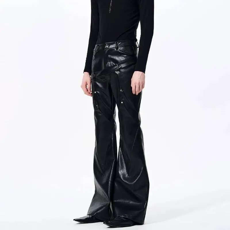 LUZHEN 2026 High Quality Personalized Belt Decorate Leather Bell-bottoms Leather Pants Men's Trendy Solid Color Trousers JY6471