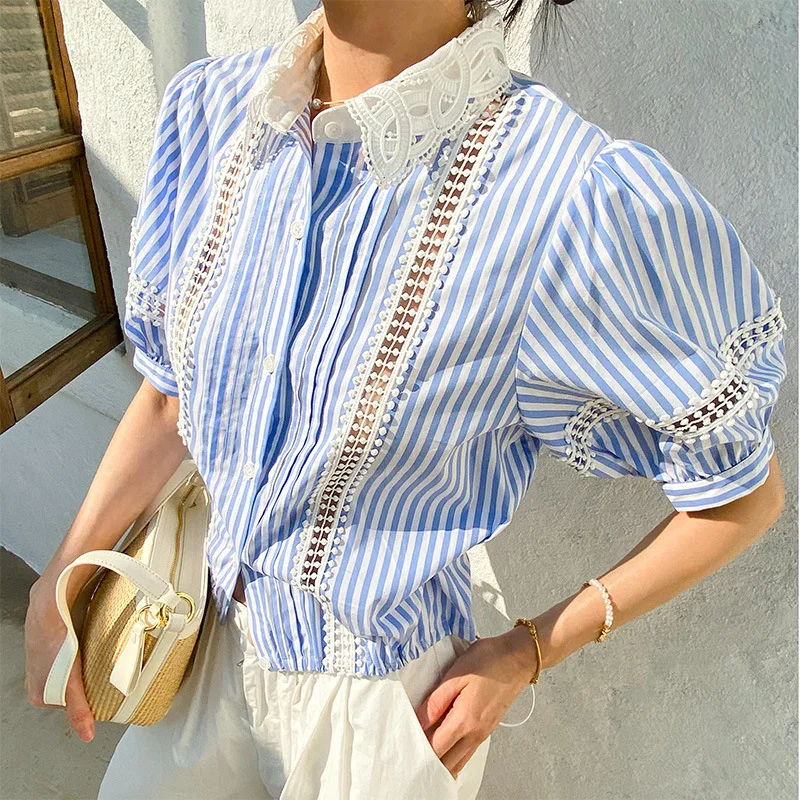 

Faionable Striped irt Women's ort Sve Name Lady Sle Summer New Design Sensation European Goods Cotton Blend Blouse