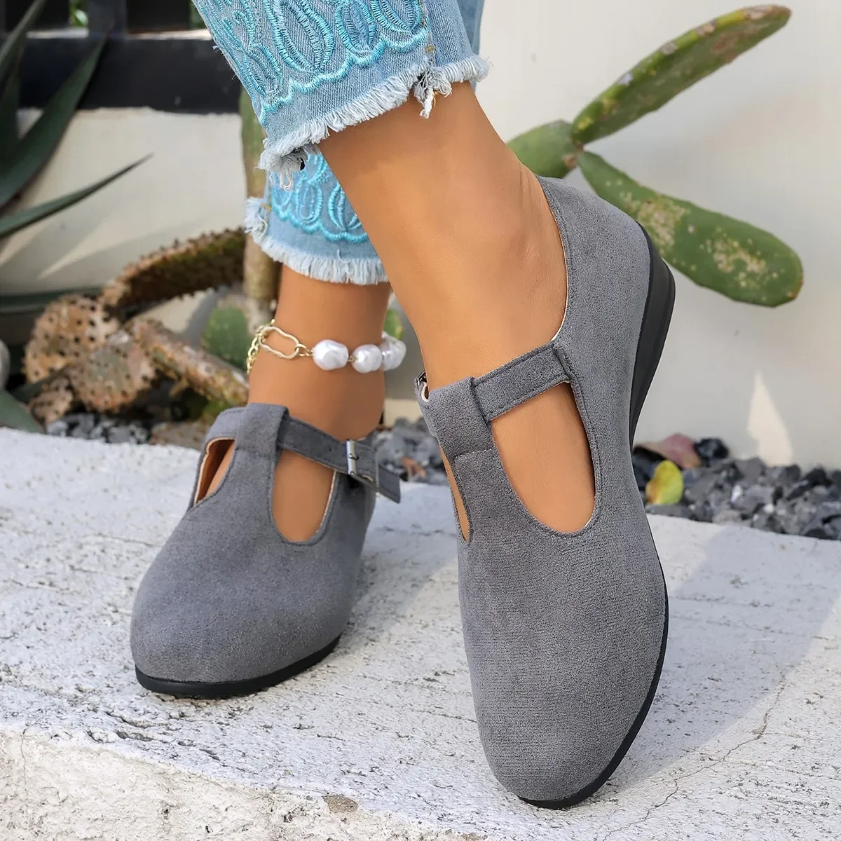 Bequeme T-Strap Mary Jane Wedges für Damen, Obermaterial aus Wildleder & niedriger Keilabsatz, Alltagsschuhe – Detail 4