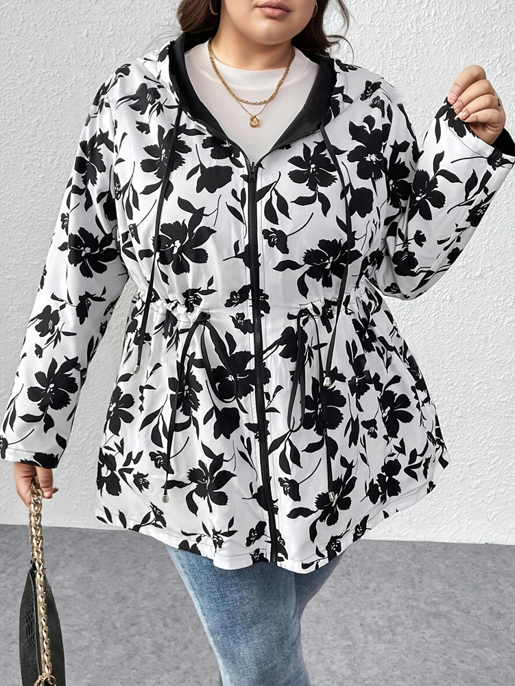 Übergrößen-Damen-Herbstjacke mit Kapuze, Wendbare bedruckte Freizeitjacke mit Taschen, Street-Style, Größen 1XL–4XL, Outfit-Ideen – Detail 10