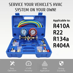 Refrigerant Manifold Meter Kit for automotive air conditioning charging of R410A, R22, R134a, R404A refrigerants