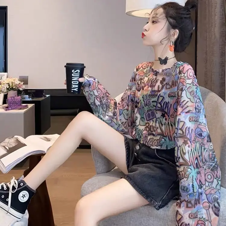 تي شيرت نسائي متعدد الاستخدامات بأكمام طويلة للصيف بنكهة هونج كونج ملابس فضفاضة ذات قميص سفلي ملابس شيفون #6